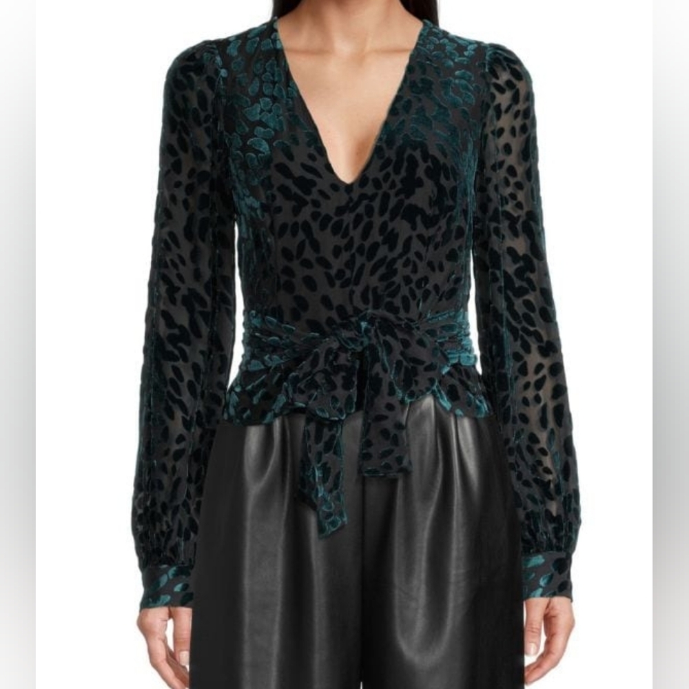 NWT Toccin NY Blouse Louisa Teal Velvet Burnout Long Sleeve Sash V Neck Size 4